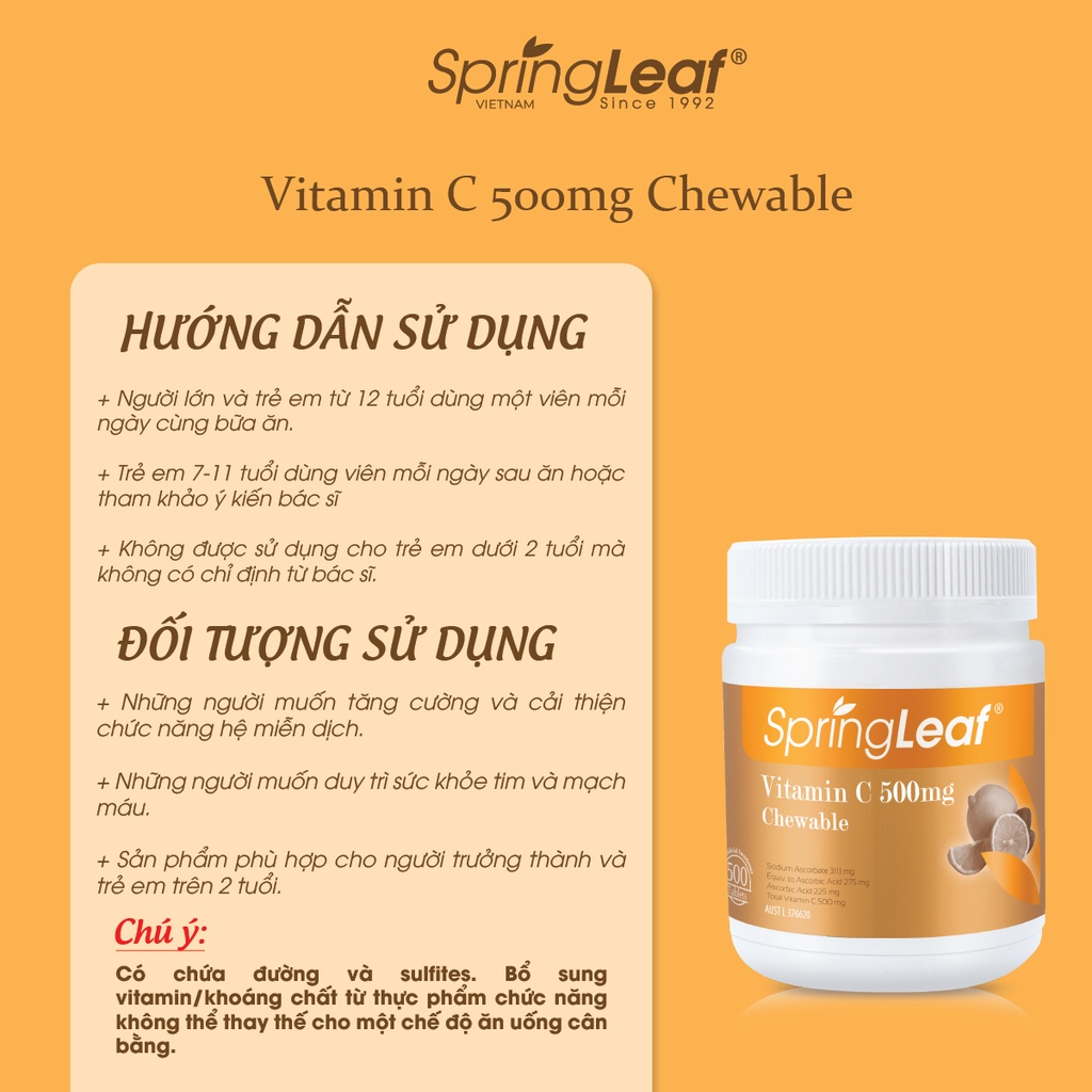 Tăng đề kháng Vitamin C Viên Ngậm Nhai 500mg SpringLeaf 500 viên