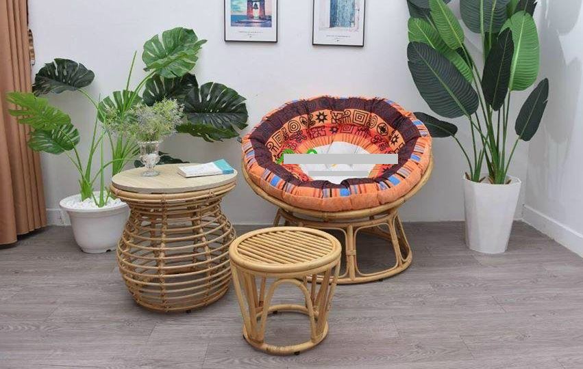 Ghế mặt trăng Papasan mây thật cao cấp Juno Sofa size 1m, Nệm hoa văn Indochine