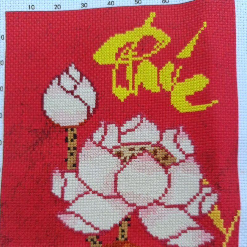 Tranh thêu phúc lộc thọ hoa sen đỏ