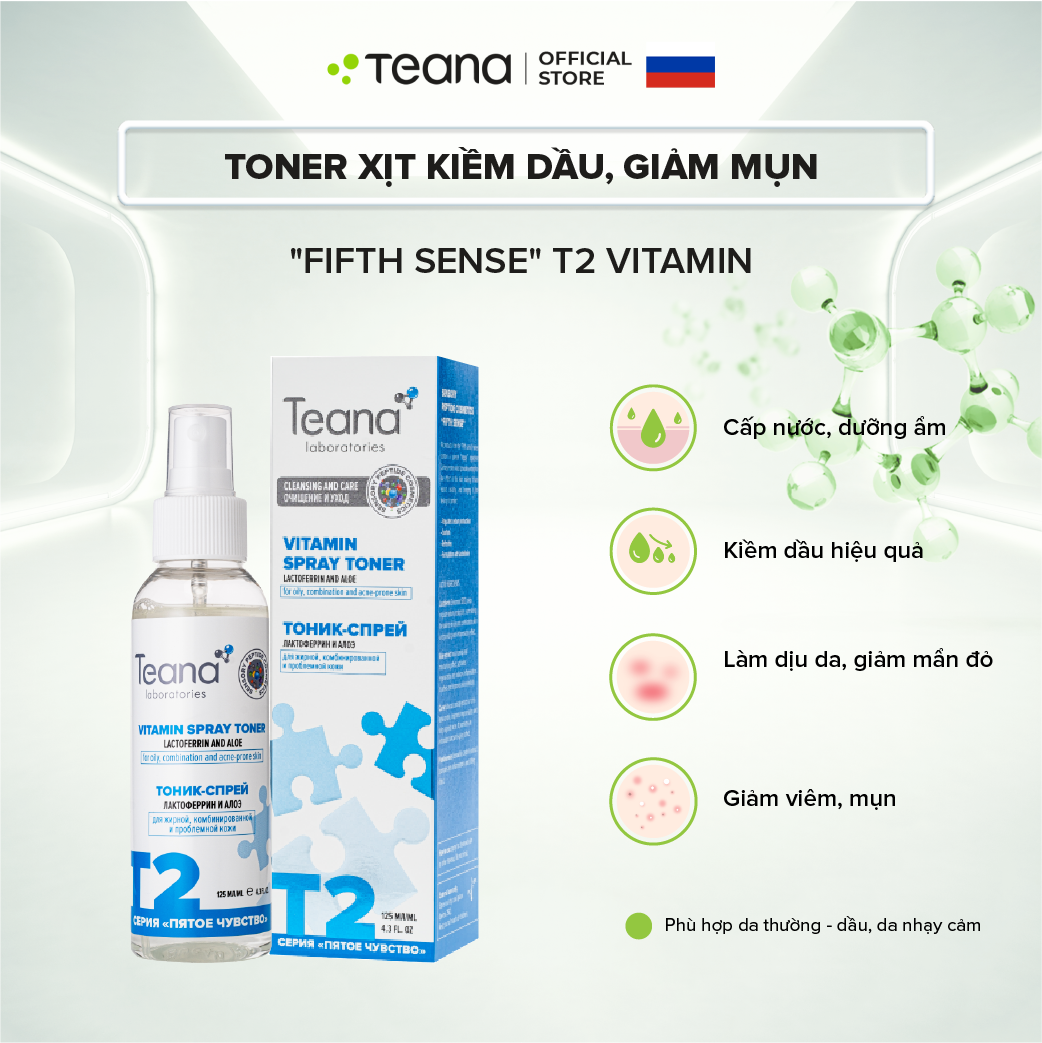 Toner Teana &quot;Fifth Sense&quot; T2 Vitamin Spray dạng xịt giúp kiềm dầu, giảm mụn với chiết xuất lô hội và Lactoferrin