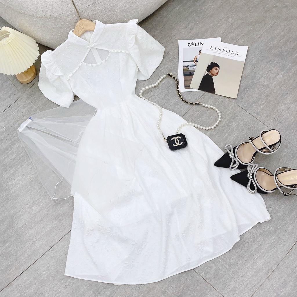 Đầm midi trắng cổ tàu cutout ngực kèm lúp váy cưới cô dâu dáng xòe dự tiệc
