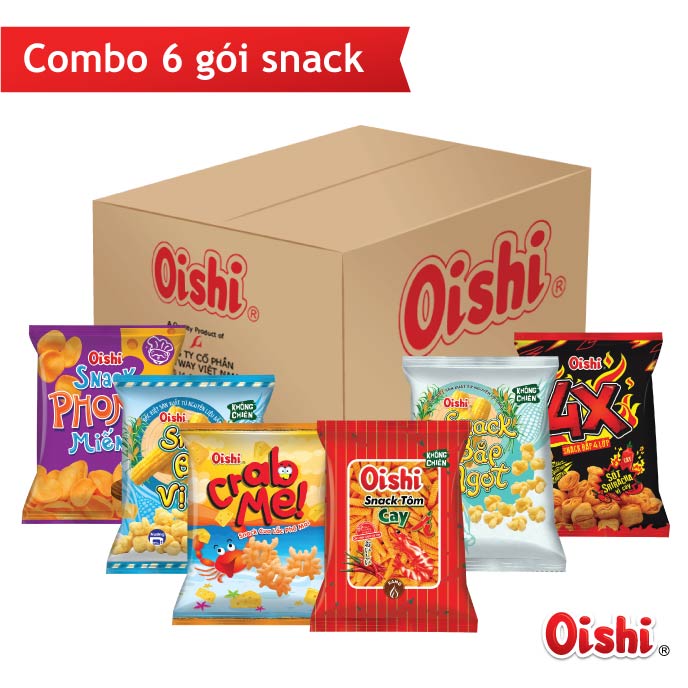 Oishi Combo2 - 6 gói snack 40g (Snack Cua Lắc Phô Mai, Snack 4X Vị Cay, Snack Phomat Miếng, Snack Bắp Ngọt, Snack Bắp Vị Sữa, Snack Tôm Cay)