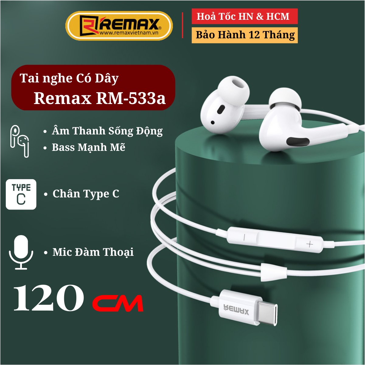 Tai Nghe Nhét Tai Có Dây jack Type-C Remax RM-533a Âm Thanh Sống Động , Bass Mạnh Mẽ , Hỗ Trợ Mic Đàm Thoại - Hàng Chính Hãng Remax Bảo Hành 12 Tháng