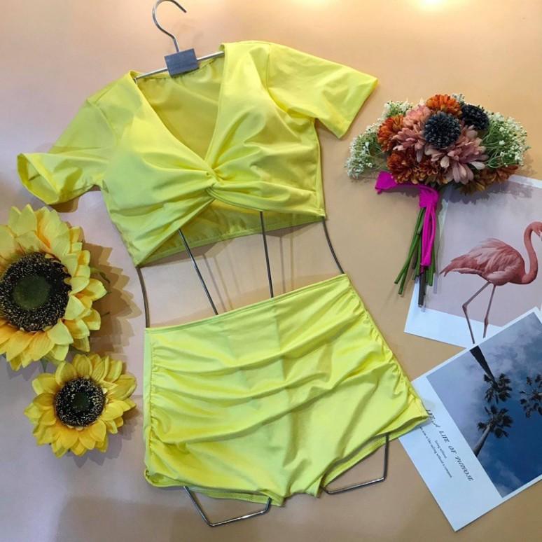 bikini hai mảnh áo croptop cộc tay sẵn mút nâng ngực quần đùi nhún che bụng