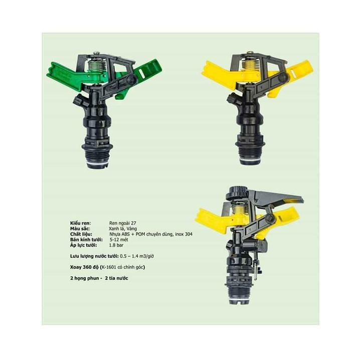 Béc tưới cây cánh đập tùy chỉnh góc xoay 360 độ ren ngoài 27, Combo 5 béc Taiwan- K1602G