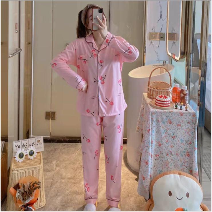 Bộ pijama nữ cotton tay dài quần dài xuân hè thu màu sắc ngọt ngào dễ thương BK08