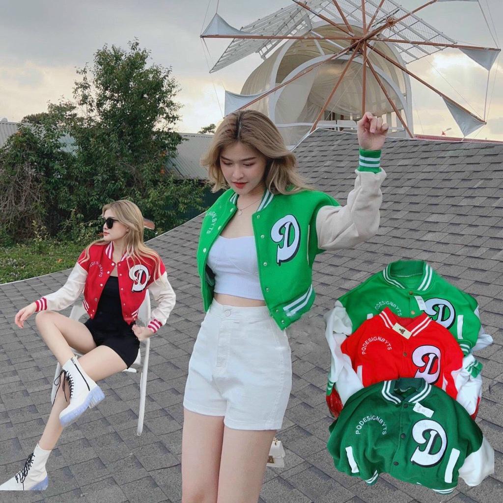 Áo khoác bomber croptop Chữ D nữ dáng lửng cánh dơi Phối tay trắng rộng bấm cúc sexy hàn quốc