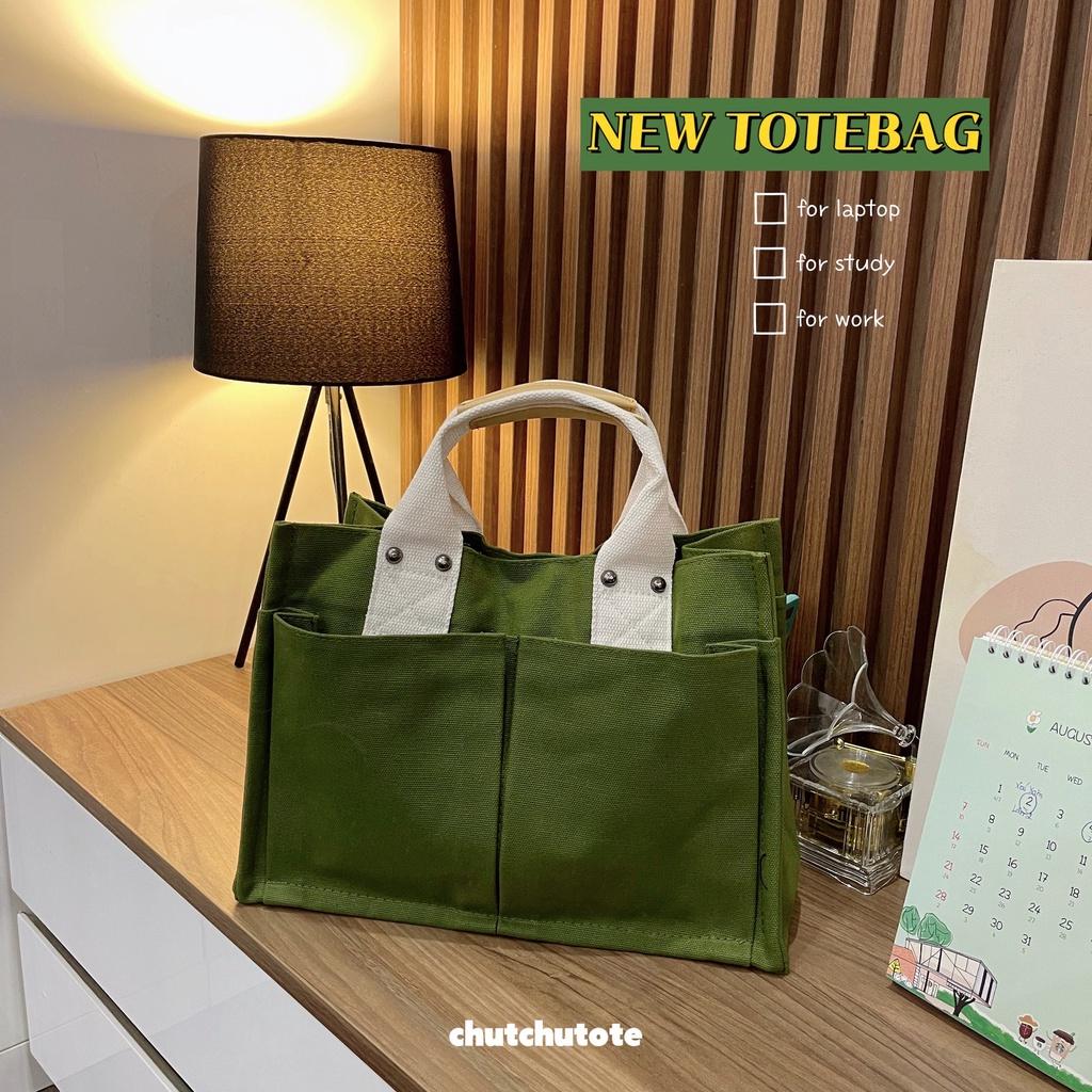 T319/Túi tote cầm tay chất vải thô nhiều ngăn, đựng lap 13-14inch, có dây đeo