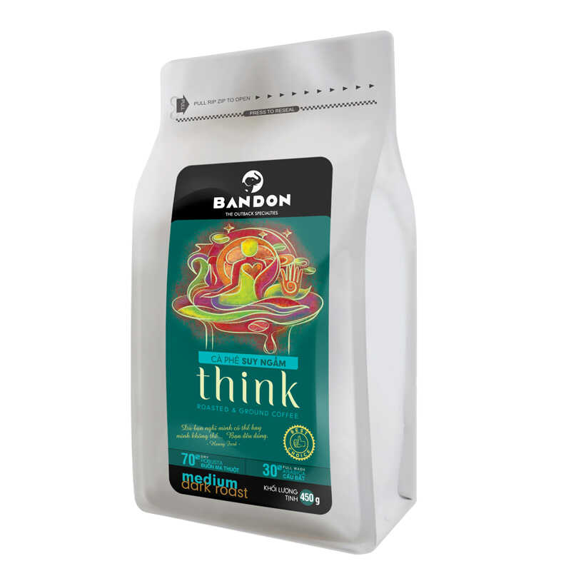 Cà phê phin nguyên chất rang xay mộc sạch BANDON THINK 450g đắng dịu, thơm ngát - Cà phê đặc sản (30% Arbica Cầu Đất Full wash, 70% Robusta Buôn Ma Thuột Dry)