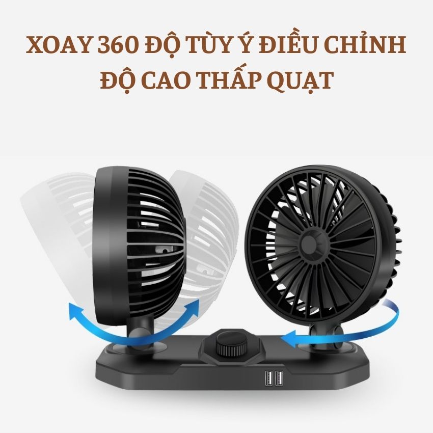 Quạt Ô Tô 12v 24v Usb 5V Để Bàn Làm Việc Xoay 360 Độ 2 Chế Độ Gió Khác Nhau F101