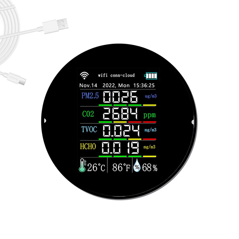 Tuya Wifi Portable Air Quality Meter 7in1 PM2.5 CO2 TVOC HCHO AQI Temperature Humidity Tester Color Display Carbon Dioxide Detector Support Cellphone APP Control with Calendar Function