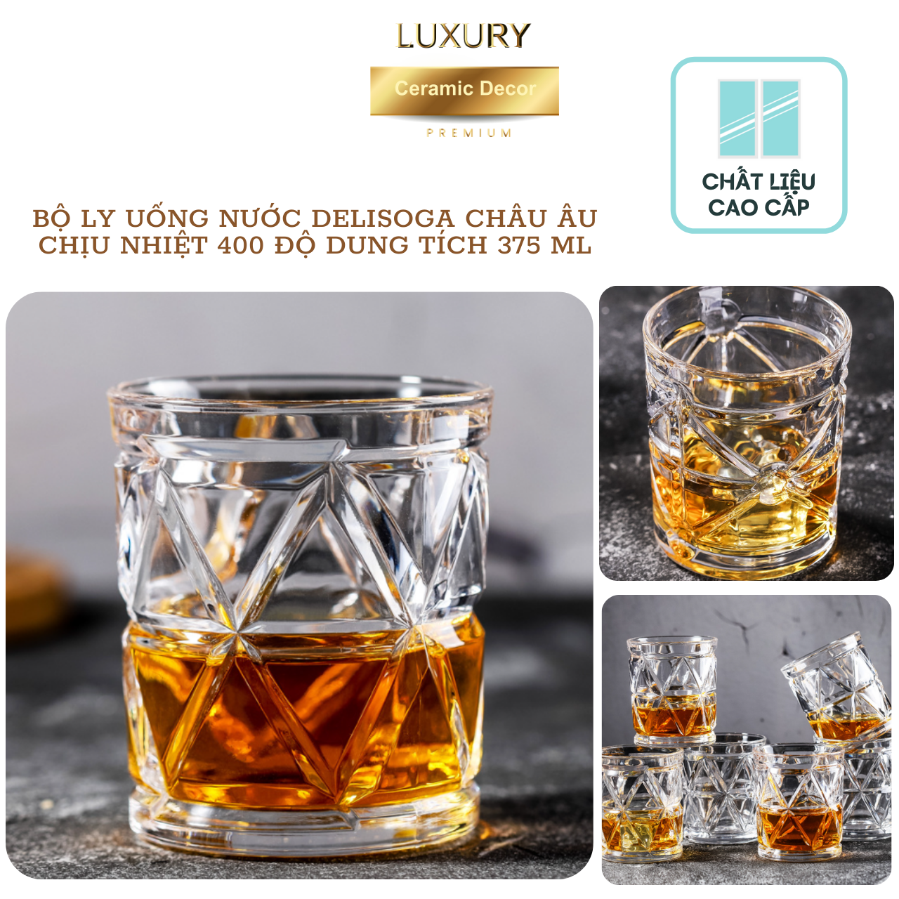 Bộ Ly Uống Nước DELISOGA Châu Âu Chịu Nhiệt 400 Độ Dung Tích 375 ML Combo 6 Ly DECOR LUXURY - Hàng Nhập Khẩu