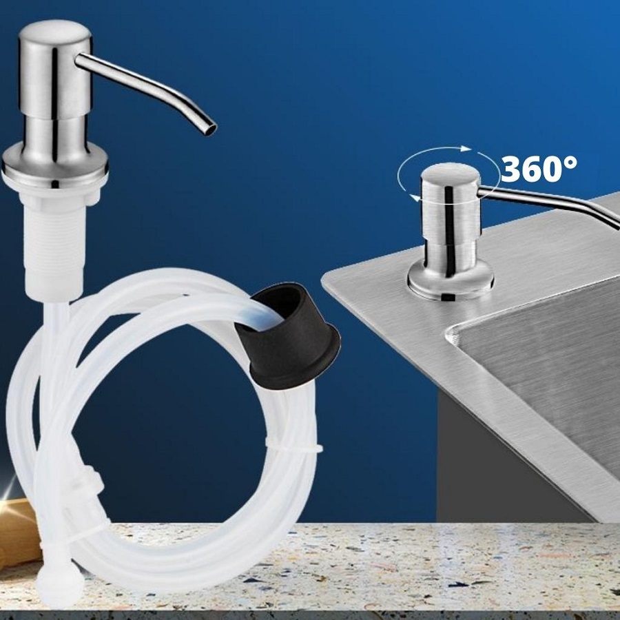 Bộ vòi xịt nước rửa chén Inox 304 gắn bồn rửa chén dây nối dài 102cm tới chai nước rửa chén lớn