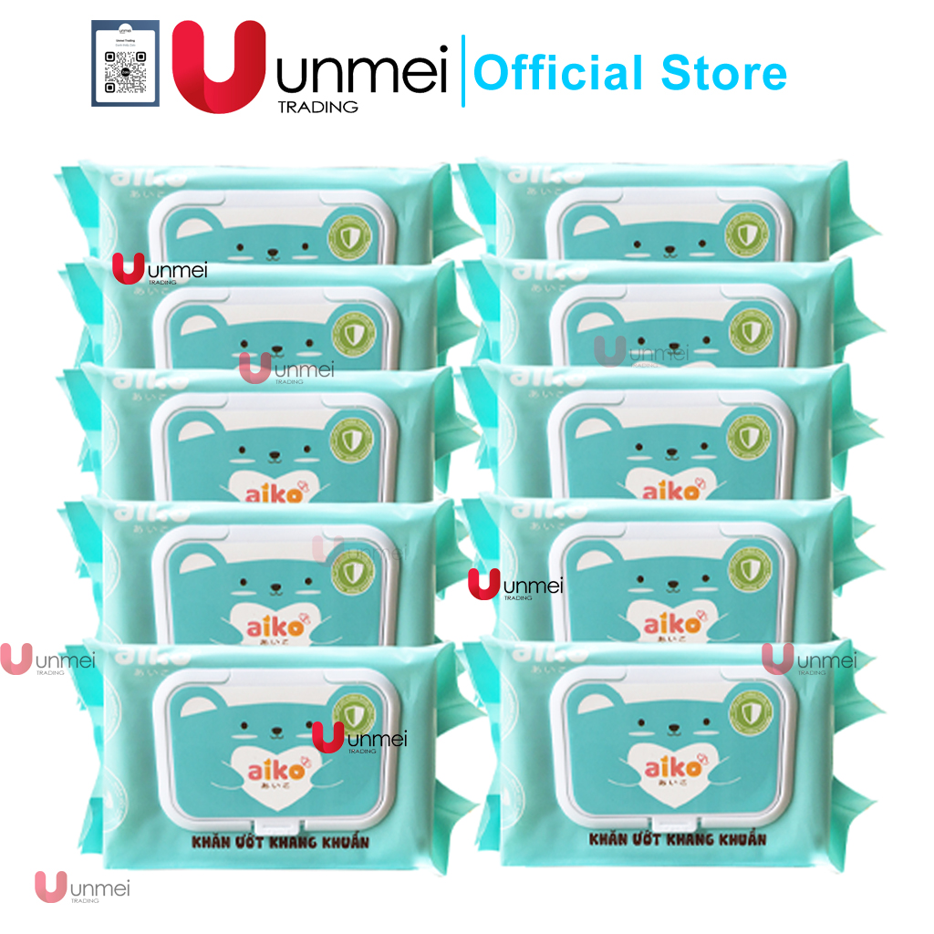 Combo 10 Gói Khăn Ướt Aiko Kháng Khuẩn Xanh/Khăn Ướt Không Mùi Hồng 100 tờ/gói