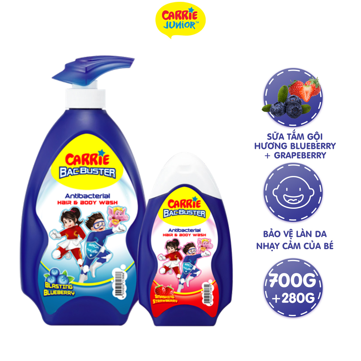 Combo Sữa Tắm Gội Sạch Khuẩn cho bé Carrie Junior BacBuster: Blueberry 700g + Strawberry 280g