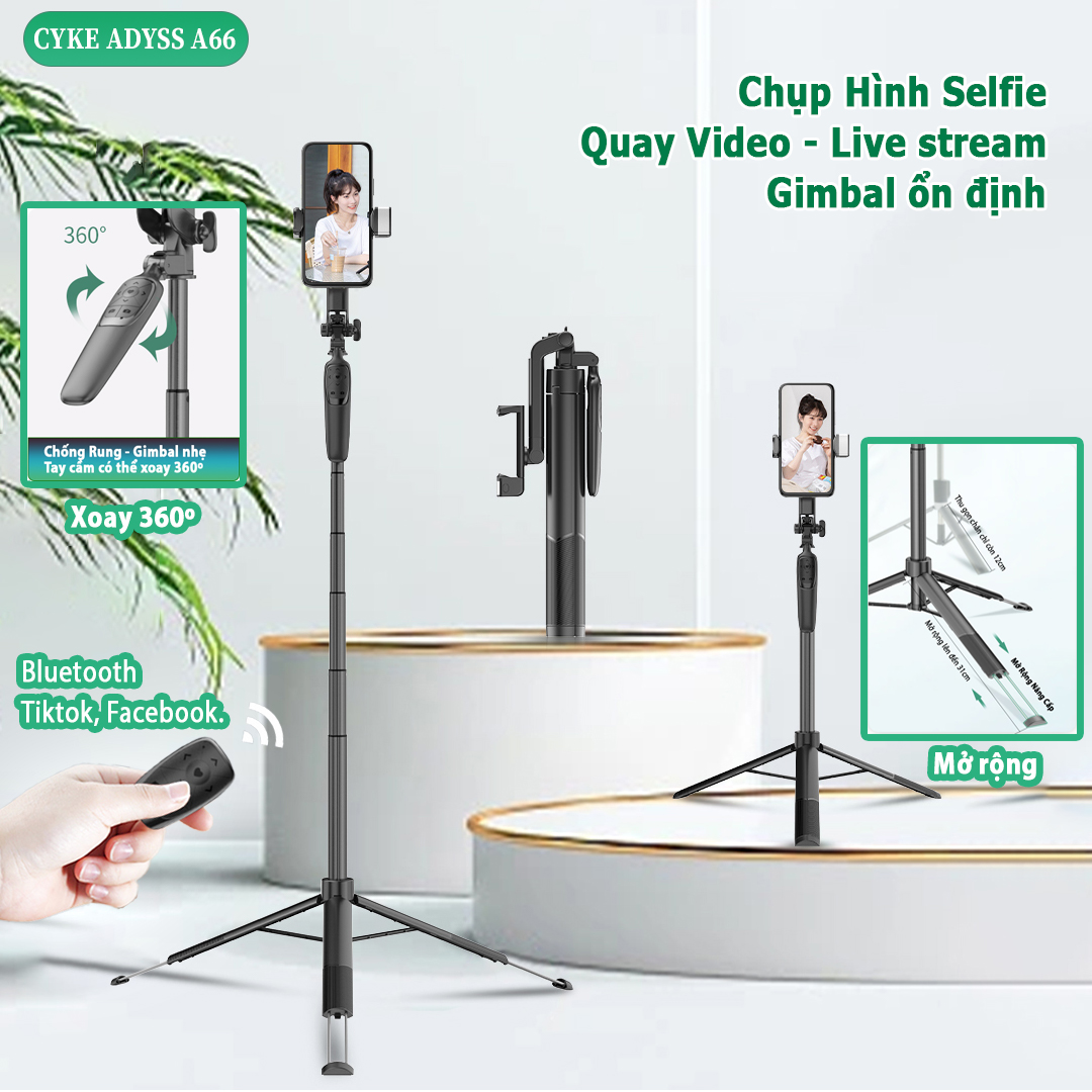 Gậy Chụp Hình Tay Cầm Gimbal Chống Rung CYKE A66 Quay Chụp Video Xoay 360º Ổn Định, Chụp Tự Sướng Selfie Du Lịch Cầm Tay Thu Gọn, Chân Đứng Ổn Định Chống Ngã, Điều Khiển Từ Xa Bluetooth Sử Dụng Được Với APP, Hàng Chính Hãng