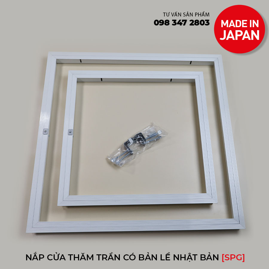 Nắp cửa thăm trần thạch cao 45x45cm SPG-68345 - Nhật Bản, Khung nhôm có bản lề mở thả xuống, sơn tĩnh điện màu Trắng.