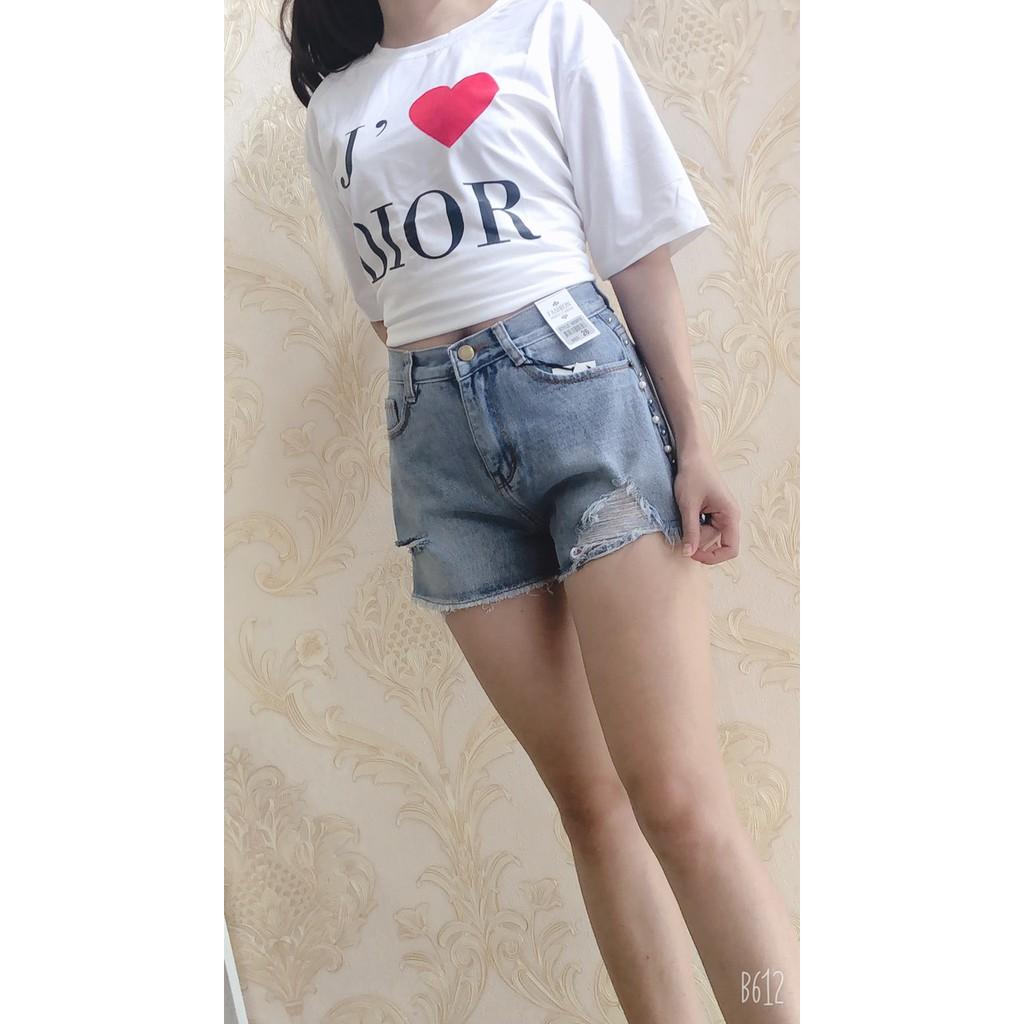 Quần short jean nữ rách kết hạt 2 bên