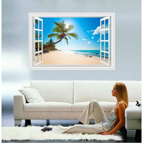 Decal trang trí khung cửa số 3D bãi biển và cây Dừa lớn