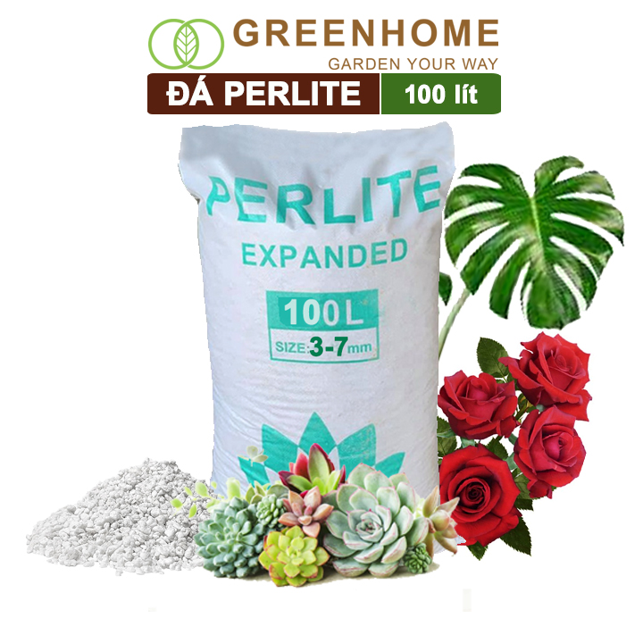 Đá Perlite Greenhome, Bao 100Lít (8-10kg), Trồng Hồng, Thuỷ Canh, Trân Châu Giàu Khoáng Chất, Tăng Độ Tơi Xốp