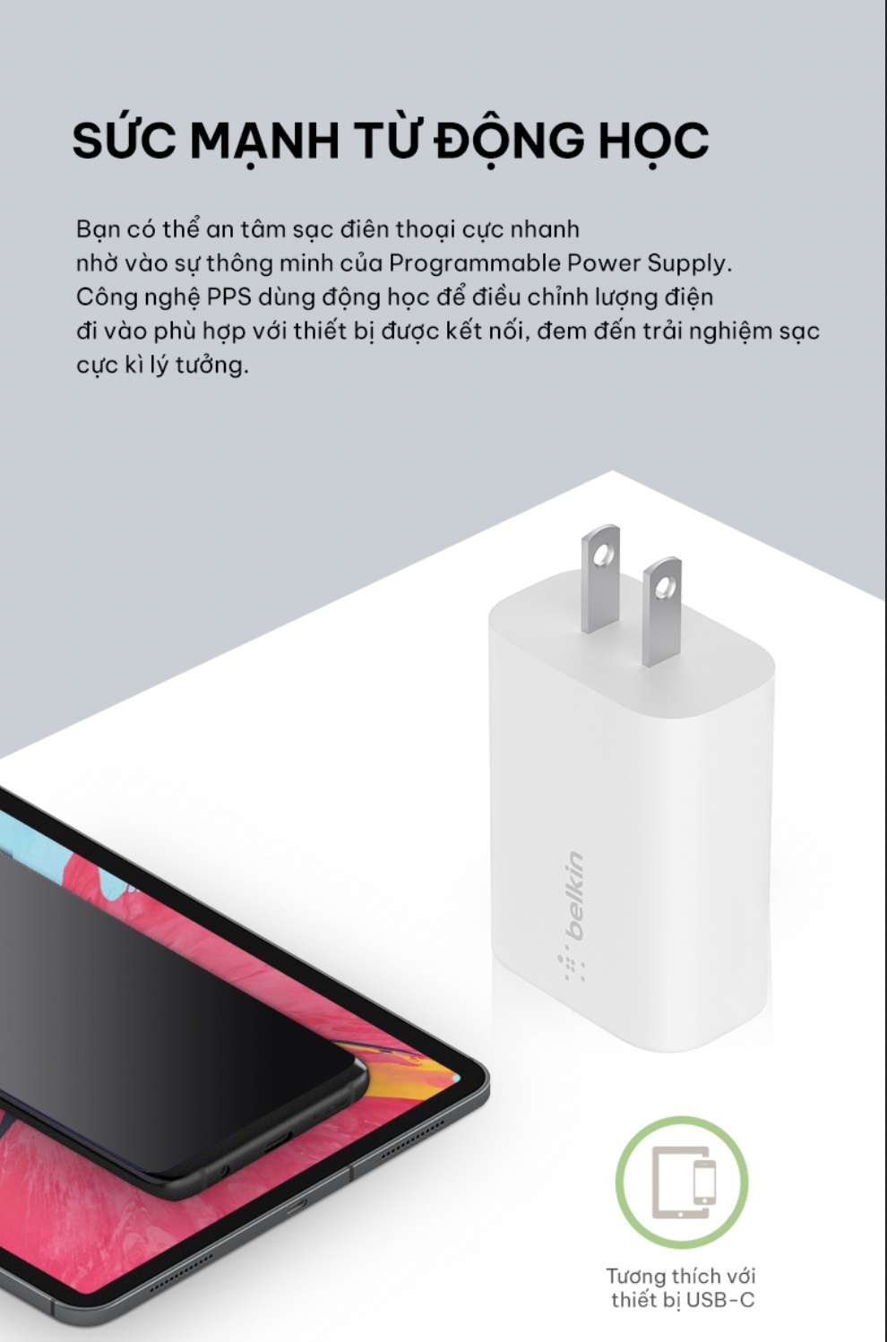 Củ Sạc Nhanh Belkin BOOST↑CHARGE 25W USB-C PD (PPS) - Công Nghệ Power Delivery 3.0 - Sạc Nhanh Cho Cả Iphone và Sam Sung