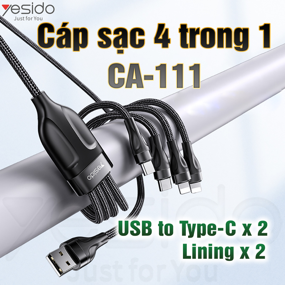 Cáp sạc Đa năng 4 trong 1 CA-111 Hai đầu Lining Hai đầu Type-C Có thể sạc cùng lúc 4 thiết bị Hàng Chính Hãng