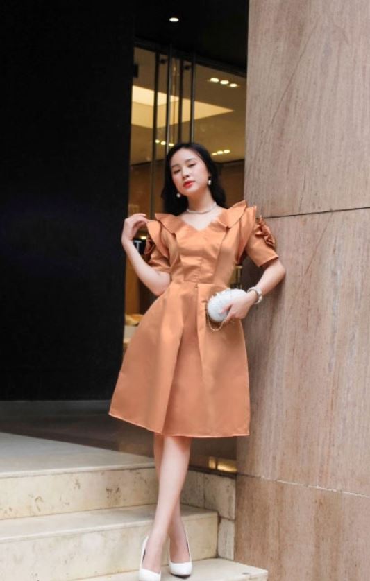 Đầm xòe phom chữa A basic tay phồng hoa hồng đi tiệc | đi làm