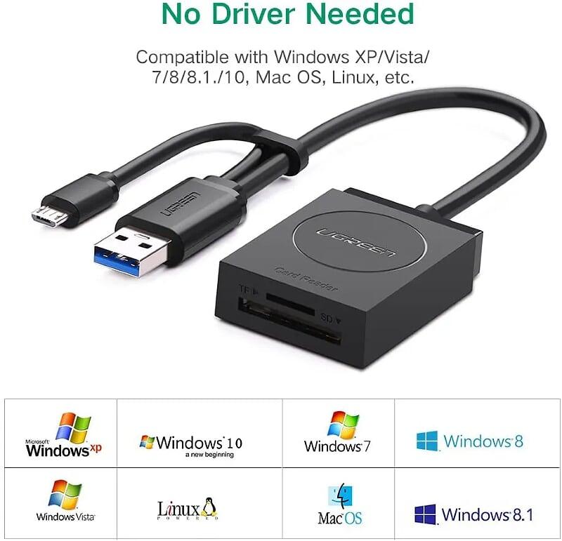 Ugreen UG50415CR127TK 15CM màu đen đầu đọc thẻ SD cổng USB 3.0 và micro dành cho PC và Android OTG - HÀNG CHÍNH HÃNG