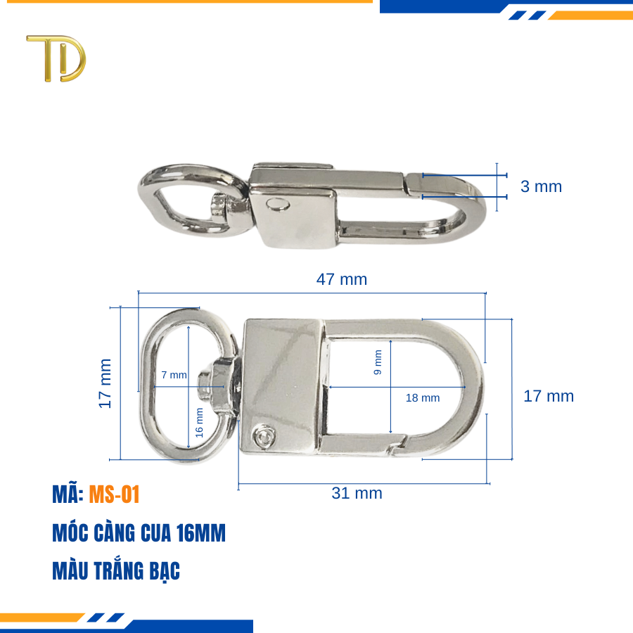 Móc càng cua túi xách,móc khóa càng cua túi xách,móc chó túi xách 16mm Mạ điện bền 5-8 năm