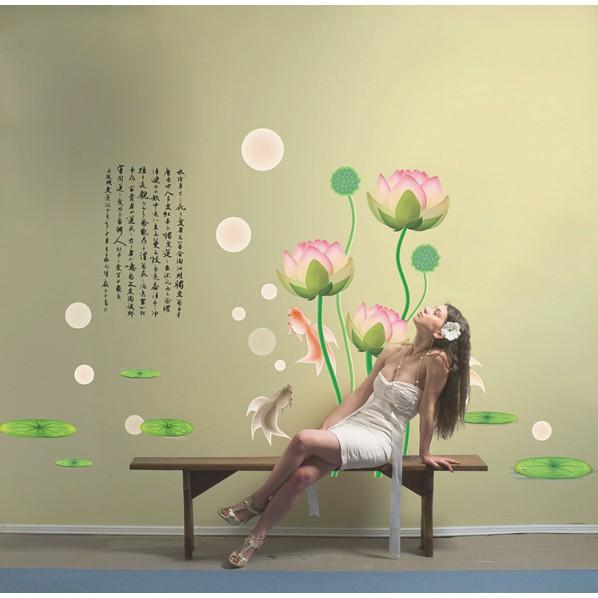 Decal trang trí Hoa Sen Nhạt màu da chữ tàu