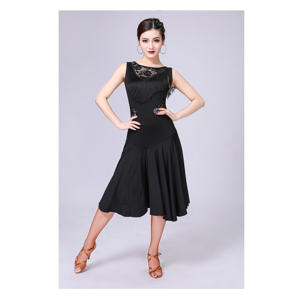 Latin Prom Dress Pleated High Waist Sleeveless Round Neck With Tassels Dancewear For Women