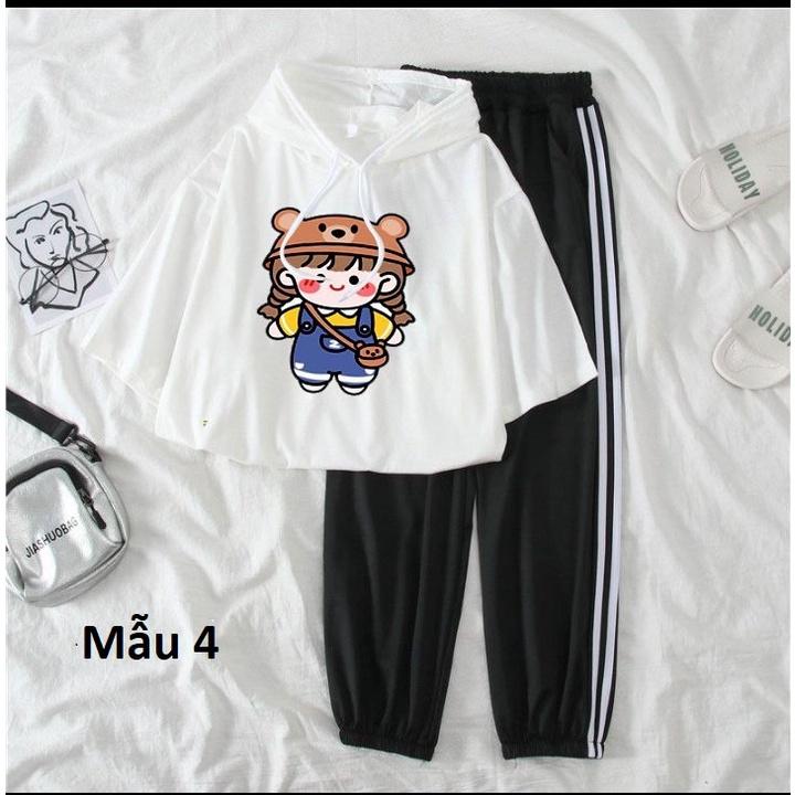 Set bộ áo thun có mũ kèm quần bo đen hình các bé động vật xinh xắn