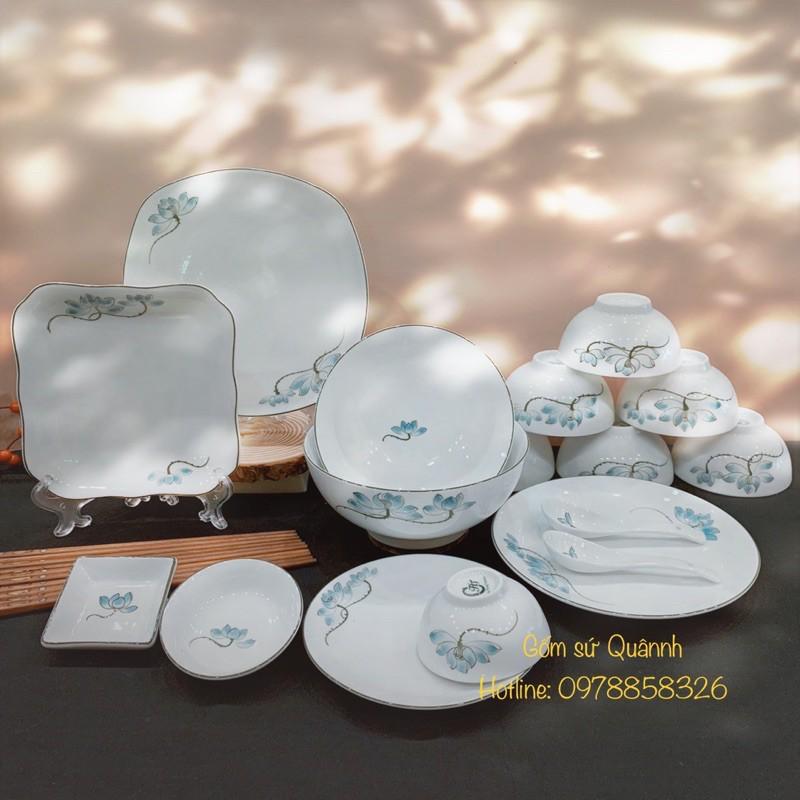Bộ bát đĩa gốm sứ Bát Tràng, họa tiết hoa sen xanh
