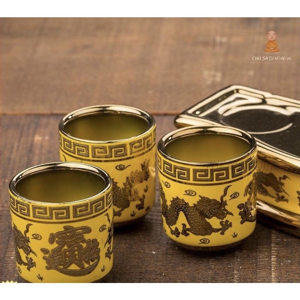 Bộ kỷ chén 5 ly mẫu khay thẳng chữ Phúc bằng sứ kim sa hình rồng chữ phúc hán TM121182- Đồ thờ Tịnh Phương
