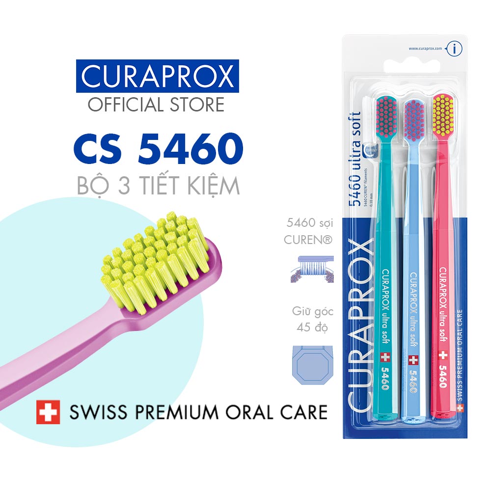 Bộ 3 bàn chải răng Curaprox CS 5460 Ultra Soft – Xanh ngọc-Xanh dương-Hồng đậm