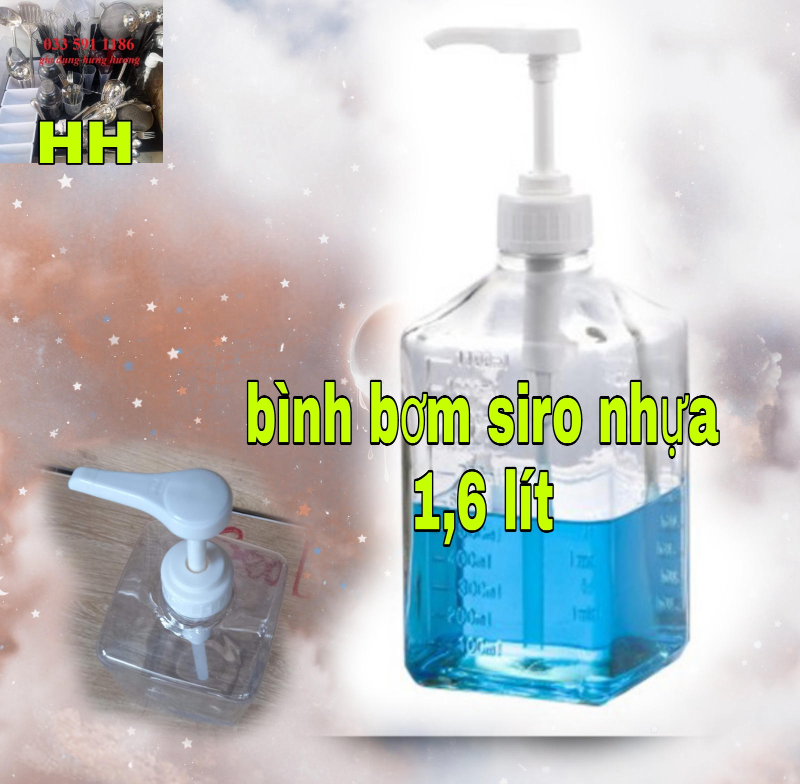 Bình bơm siro nhựa mica dung tích 1600ml kèm vòi pump 1 lần 10ml