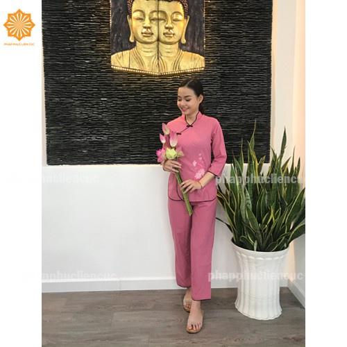 Đồ lam đi chùa nữ - Pháp phục mẫu xẫm xéo vải kate, bền màu không nhăn xưởng may Liên Cúc