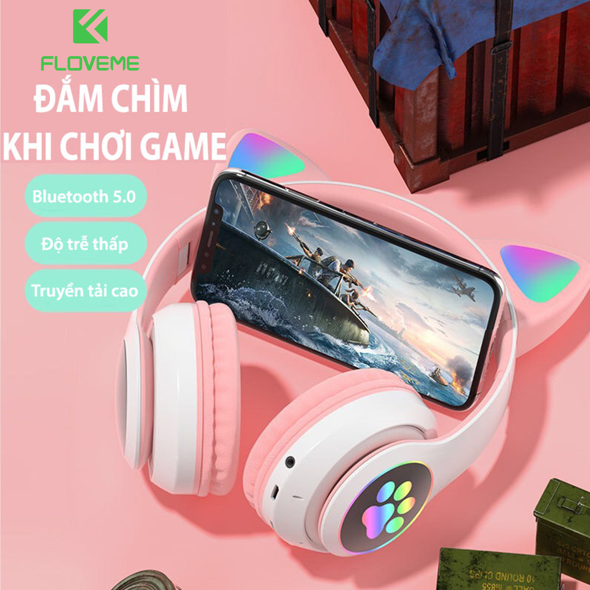 Tai nghe mèo FLOVEME VZV 23M – Có đèn led – Kết nối bluetooth 5.0 - headphone có micro – hỗ trợ điều chỉnh âm lượng – Có cổng AUX - Hàng chính hãng