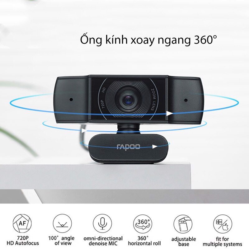 Webcam họp trực tuyến 720P, góc 100° siêu rộng, tự động lấy nét, giảm tiếng ồn - Rapoo C200 - Hàng chính hãng