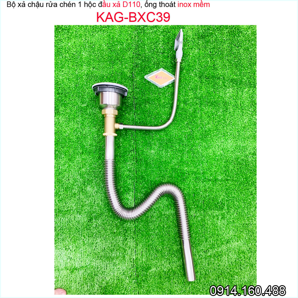 Bộ xả chậu rửa chén 1 hố KAG-BXC39 chậu lỗ thoát D110, bộ ống thoát bồn rửa bát 1 hộc chất liệu SUS304 siêu bền thoát nước nhanh sử dụng tốt