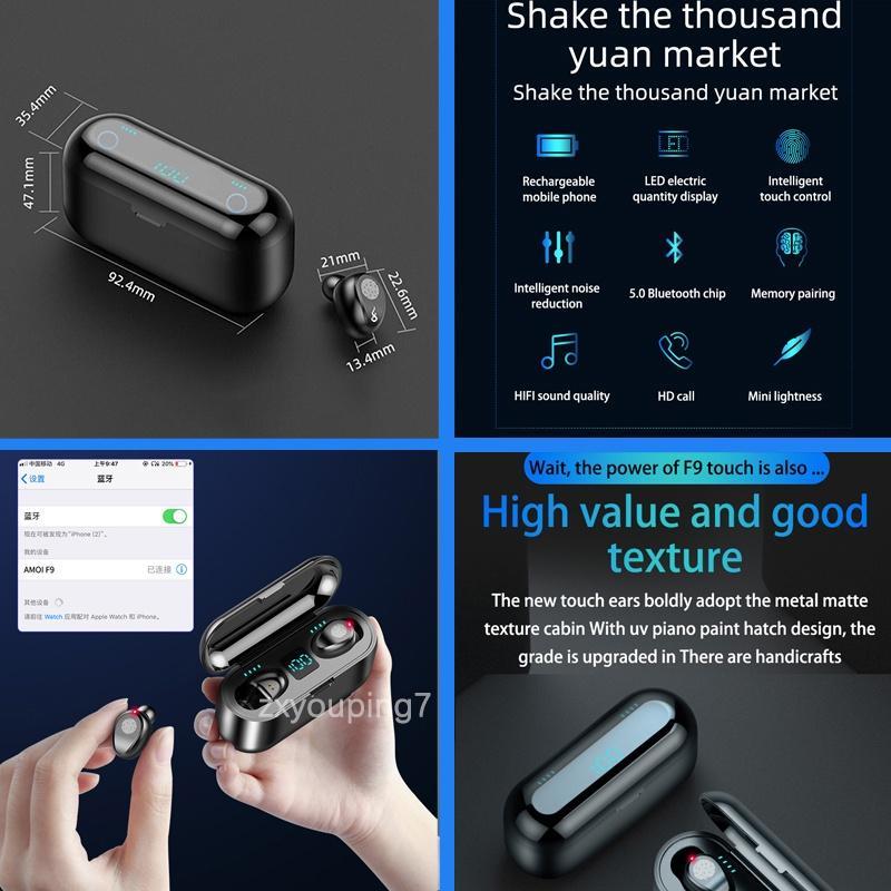 Tai nghe bluetooth F9 TWS 5.0 ko dây cảm ứng chống nước , ồn tích hợp sạc dự phòng 2500mAhtáo/Android/xiaomi/OPPO