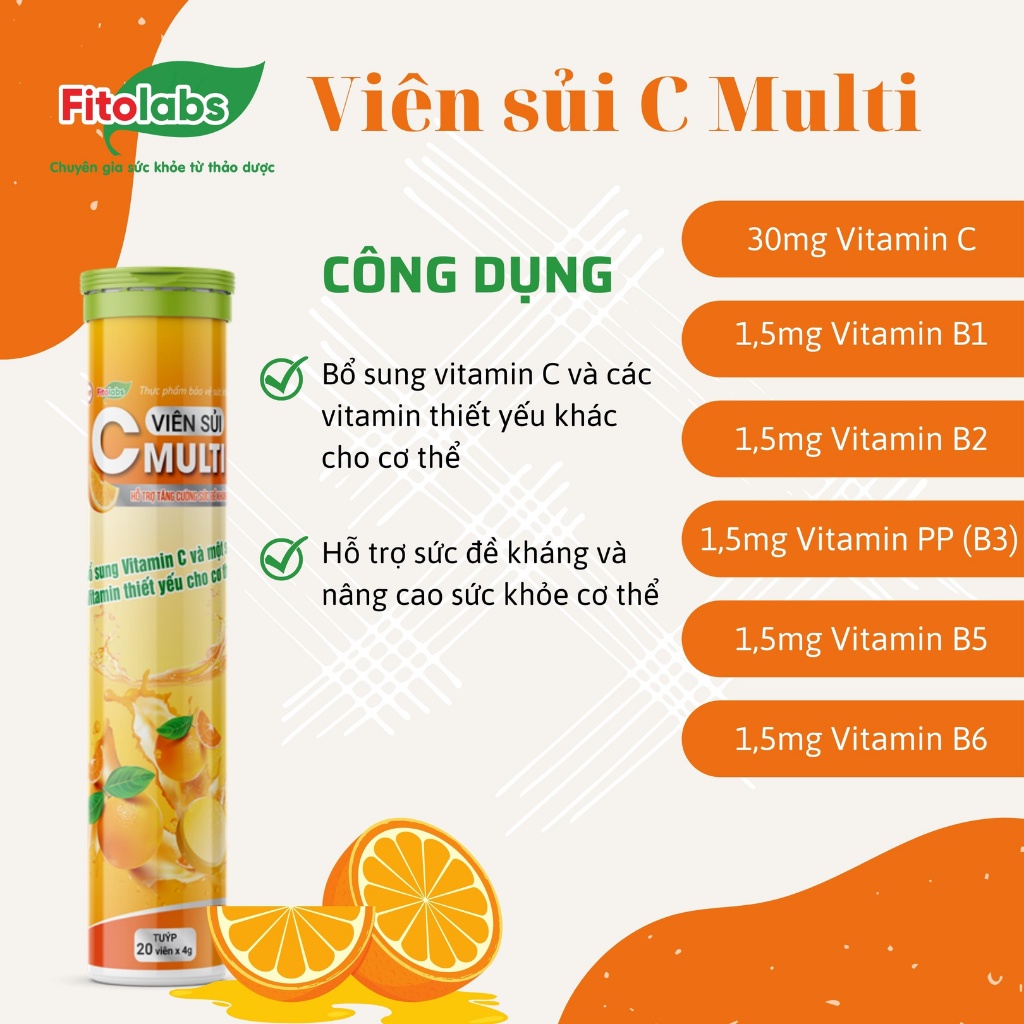 Viên Sủi C Multi Fitolabs Bổ Sung Vitamin C, Tăng Cường Đề Kháng, Tăng Sức Bền Thành Mạch - Tuýp 20 Viên