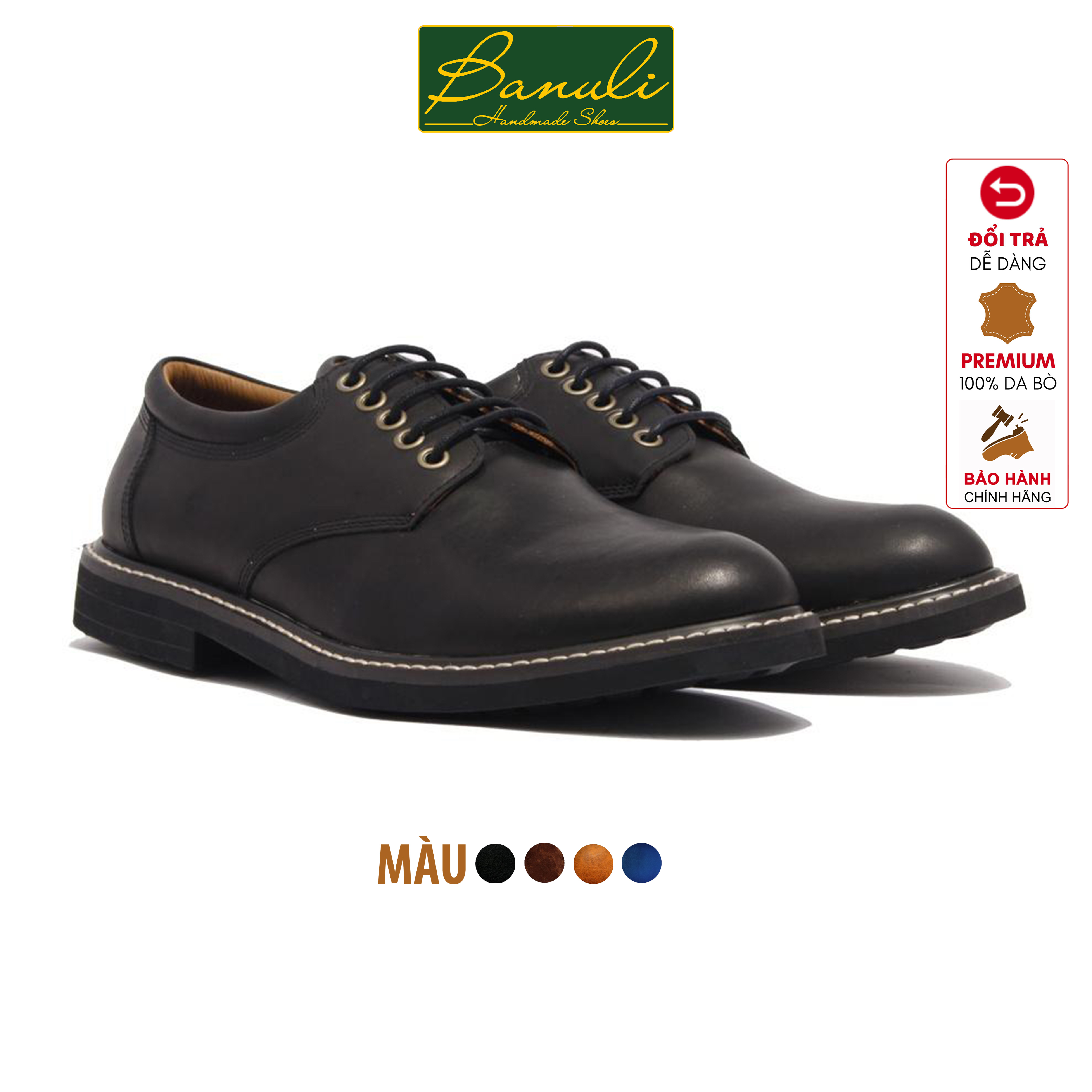 Giày Boot Nam Banuli Cổ Điển Dây Buộc Da Bê Italian B1PD3 (Da Veg Itali Mềm Dẻo, Đế Kháng Trượt, Bảo Hành Trọn Đời)