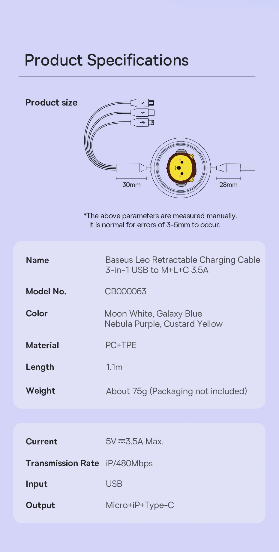 Cáp sạc dây rút đa năng 3 in 1 Usb ra 3 đầu 3.5A Baseus Leo CB000063 (1.1 mét) _ hàng chính hãng