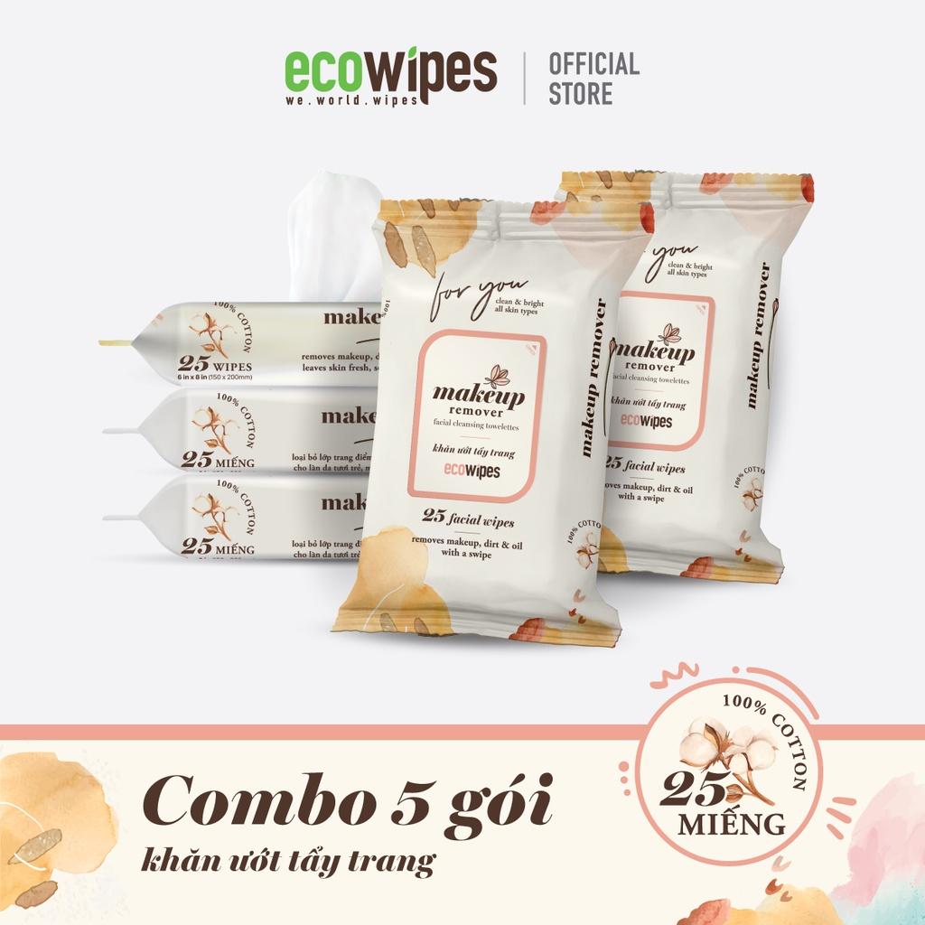 Combo 05 gói khăn ướt tẩy trang Makeup Remover Ecowipes gói 25 tờ làm sạch nhanh lớp trang điểm dễ dàng mang đi xa