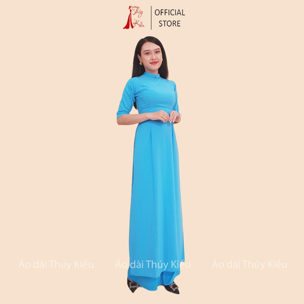 Áo dài trơn lụa Nhật cổ 2 phân màu xanh nước biển AK33