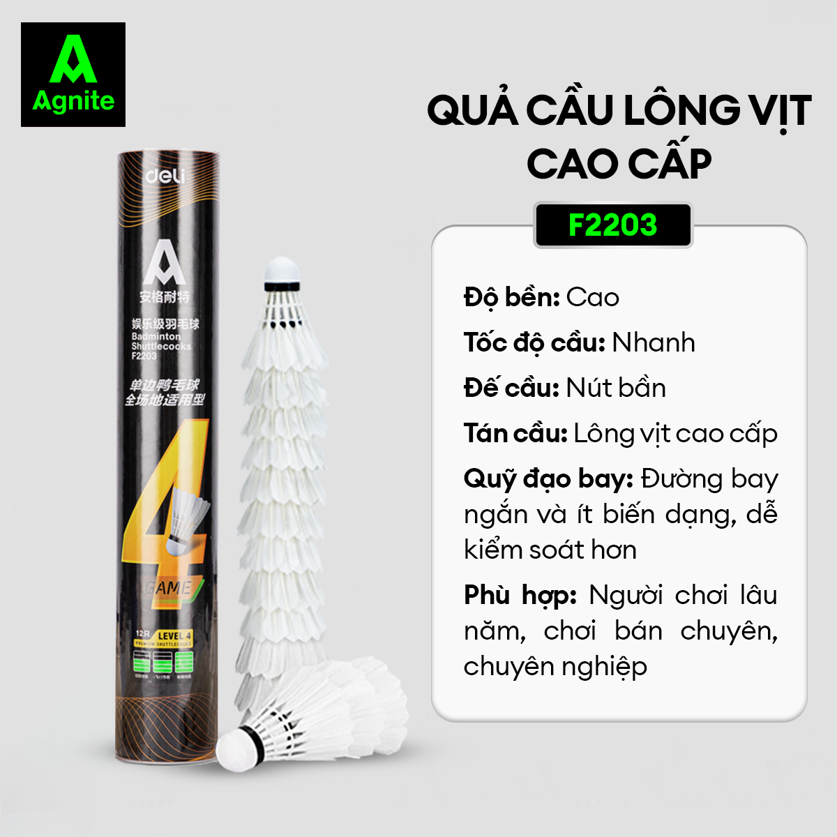 Hộp 12 Quả Cầu Lông Chính Hãng Agnite - Lông Ngỗng, Lông Vịt Cao Cấp - Chắc Chắn, Chịu Va Đập, Cầu Bền Đường Bay Ổn Định - 1 Hộp 12 Quả - Lông Vịt Cao Cấp F2203