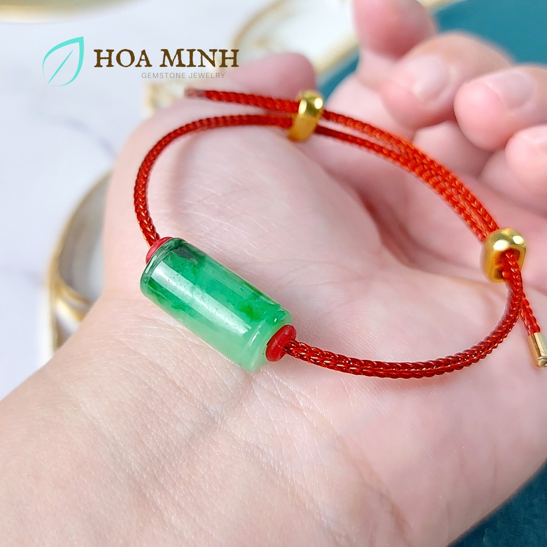 Vòng tay dây cáp đỏ phối lu thống Cẩm Thạch xanh lý táo size 9x18 li phong thủy may mắn