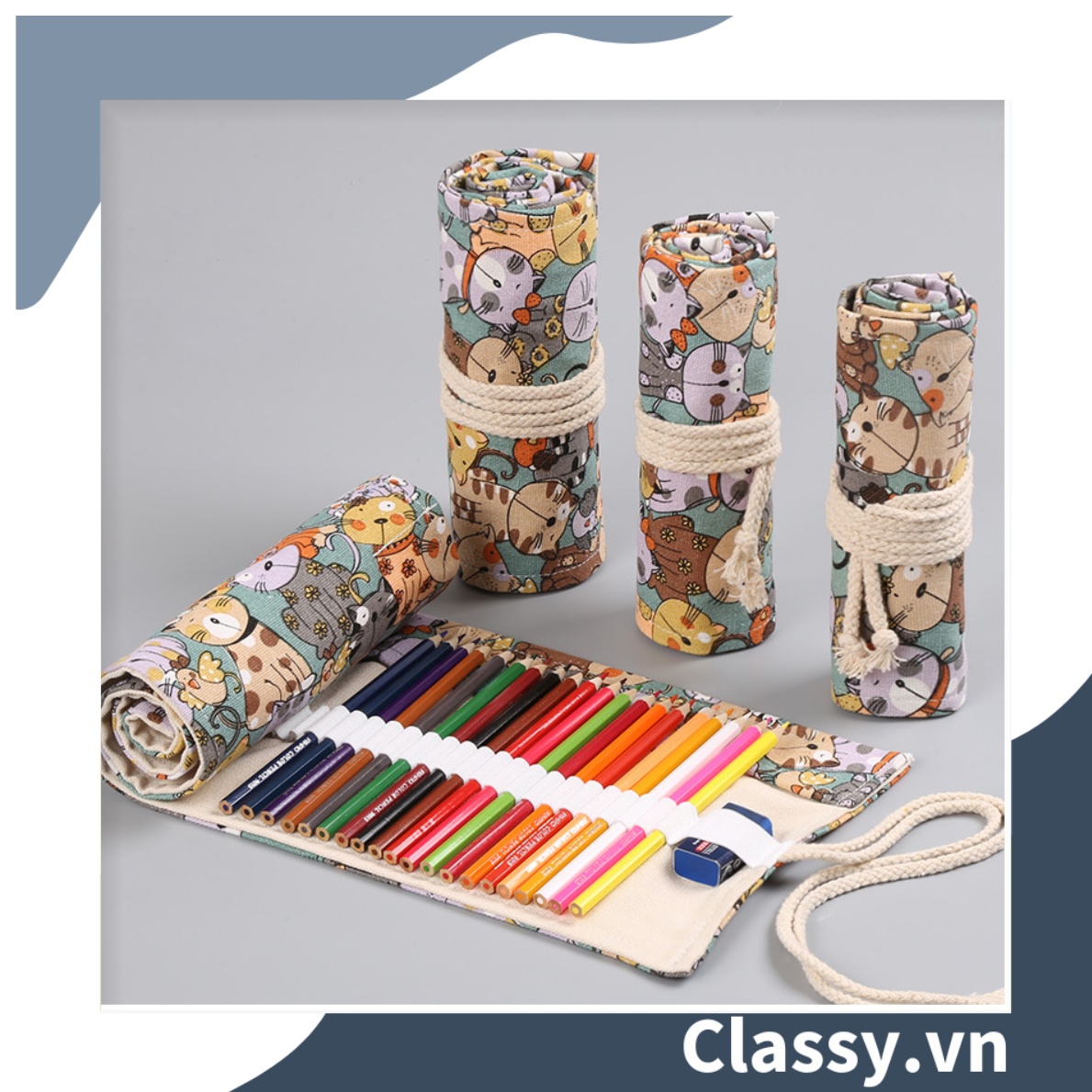 Túi đựng bút dạng cuộn vải cotton, phong cách vintage hình mèo PK617