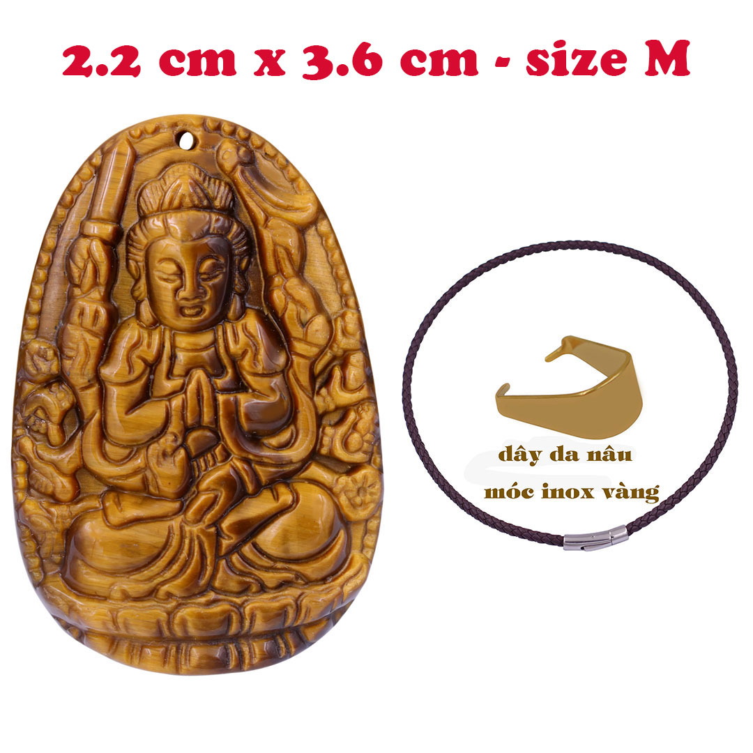 Mặt Phật Thiên thủ thiên nhãn đá mắt hổ 3.6 cm kèm vòng cổ dây da nâu - mặt dây chuyền size M, Mặt Phật bản mệnh, Quan âm bồ tát